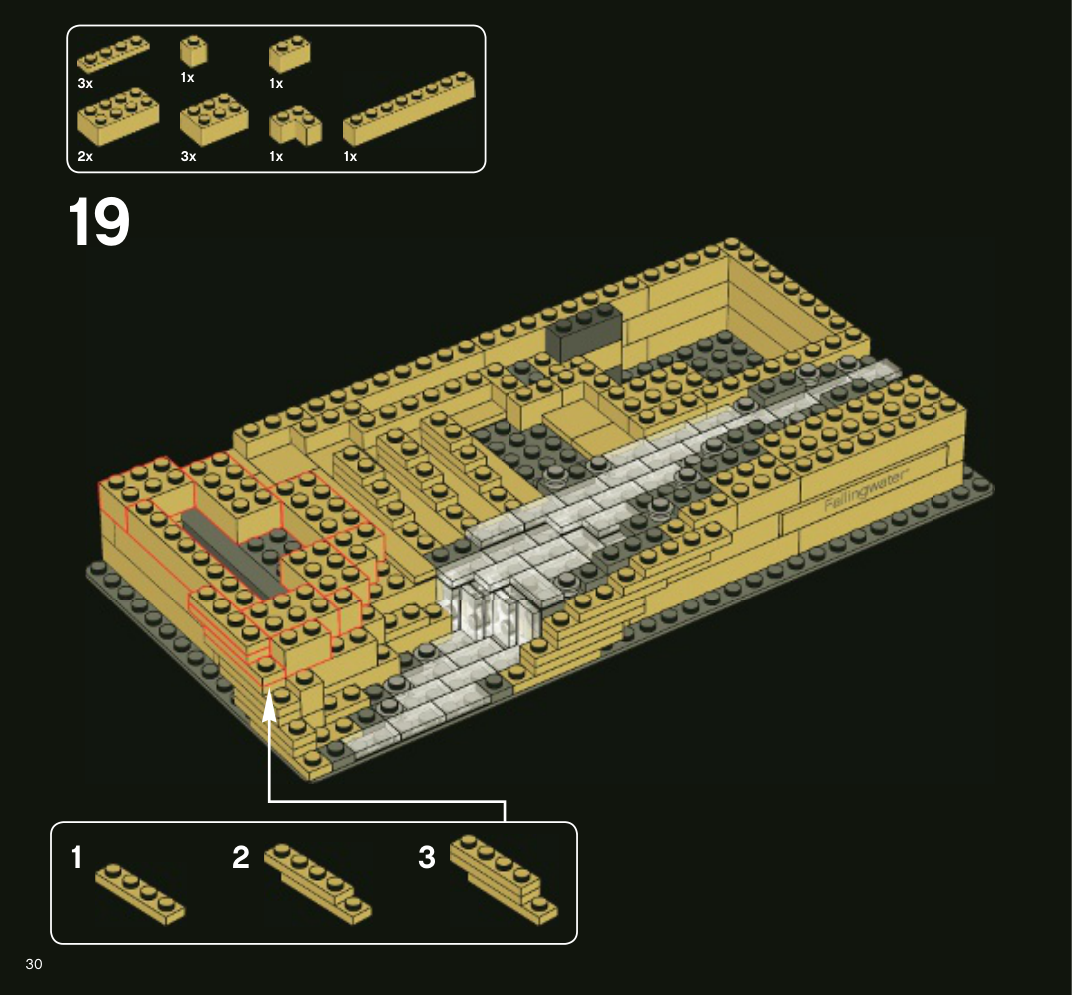 Notice Fallingwater 4654772 page 30, étape 19 du socle, terrain beige et cascade transparente.