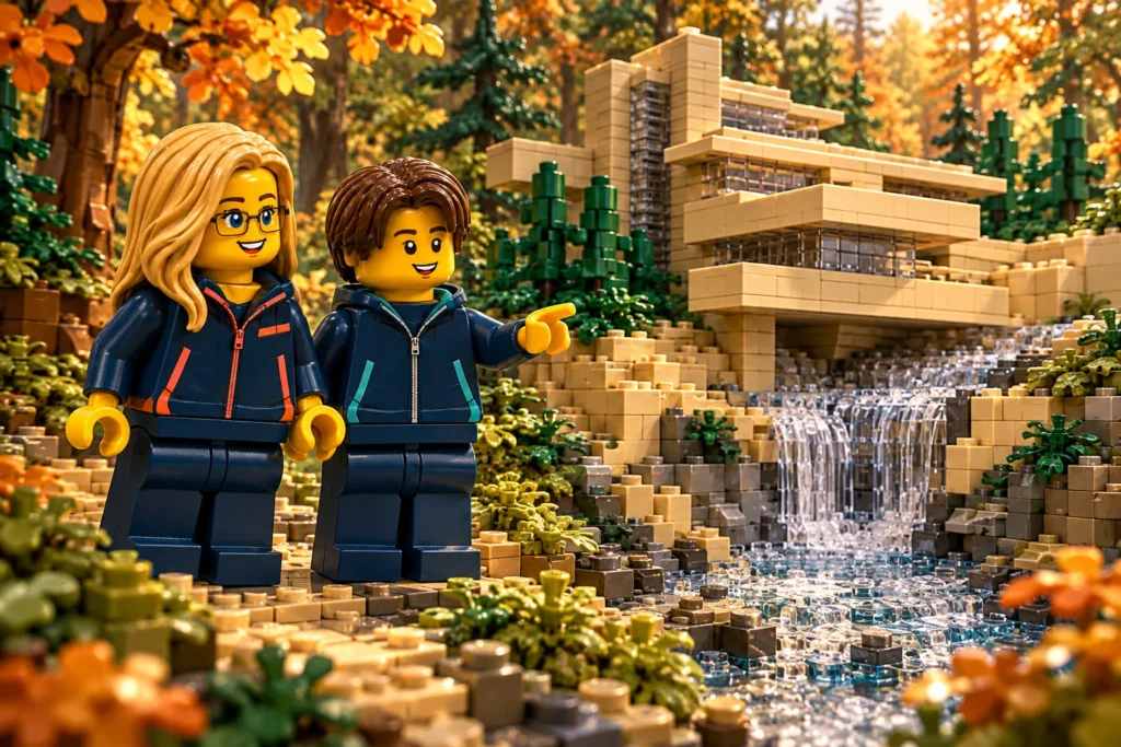 Une adulte et un adolescent découvrent une maison imaginaire en briques au-dessus d’une cascade, dans une forêt automnale.