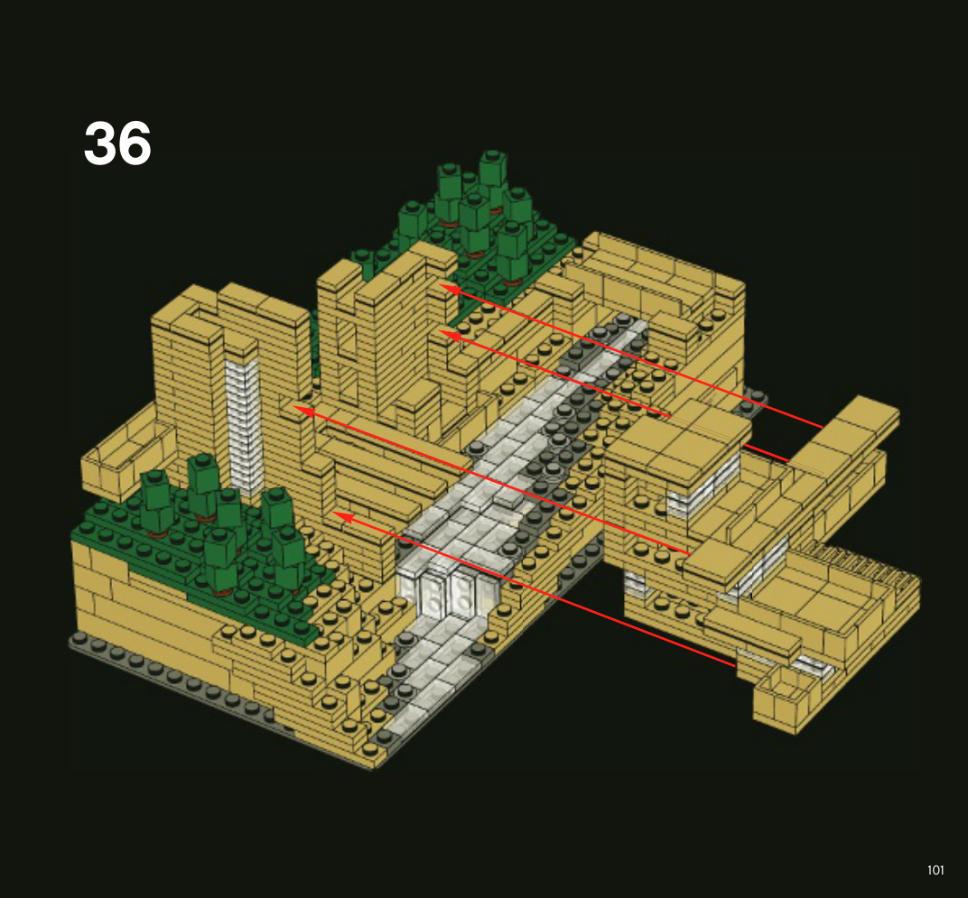 Notice Fallingwater 4654772 page 101, flèches de raccordement du module de terrasses au bâtiment.
