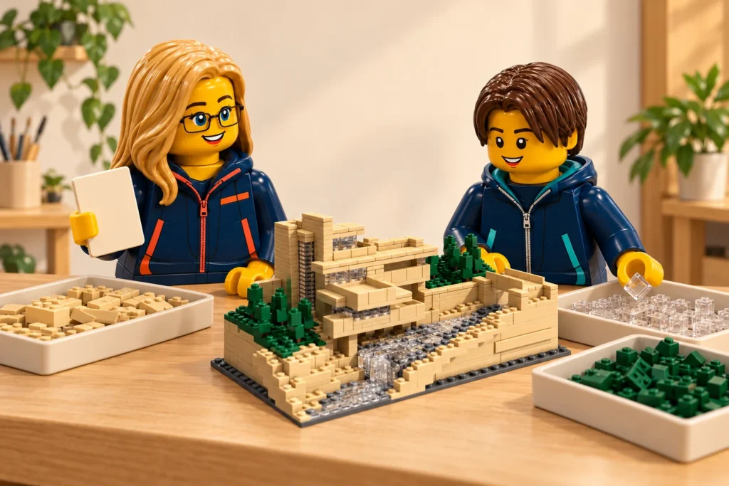 Une adulte tient une fiche vierge et un adolescent trie des éléments transparents près d’une maquette de Fallingwater.