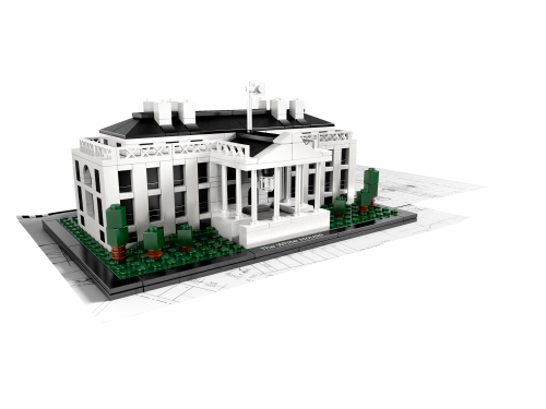 LEGO Maison Blanche 21006, bâtiment blanc compact à colonnes, toit noir et balustrade blanche, avec petits arbres.