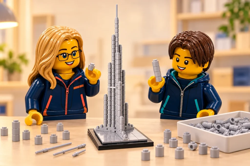 Une adulte tient une brique ronde grise et un adolescent une petite pile de cylindres près d’une maquette de tour élancée.