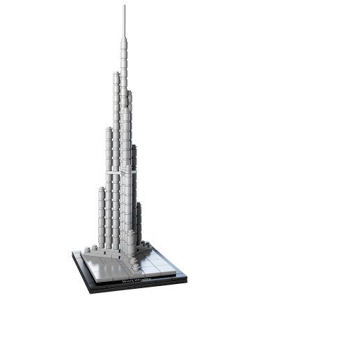 LEGO Burj Khalifa 21008, tour très fine composée de colonnes rondes grises étagées, avec flèche et socle carré noir.