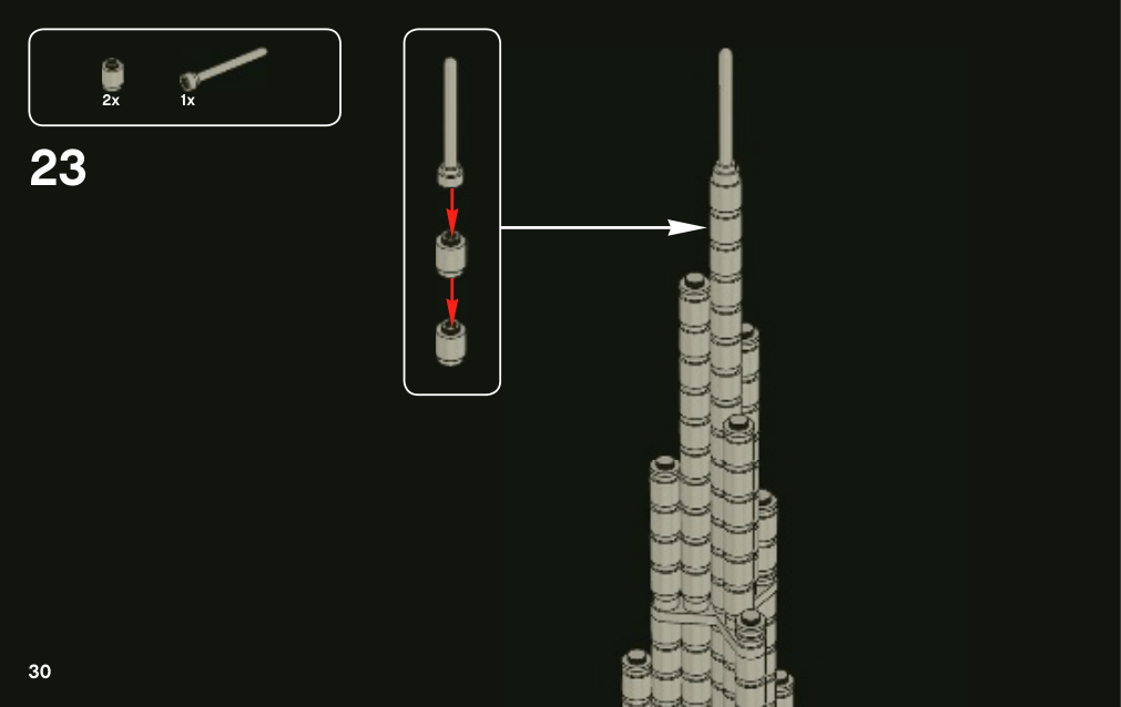 Notice Burj Khalifa 4647837 page 30, étape 23, deux briques rondes et une antenne au sommet.