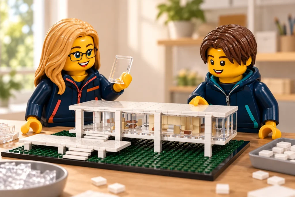 Une adulte tient un panneau transparent près d’un adolescent et d’une maquette de pavillon blanc dont l’intérieur reste visible.