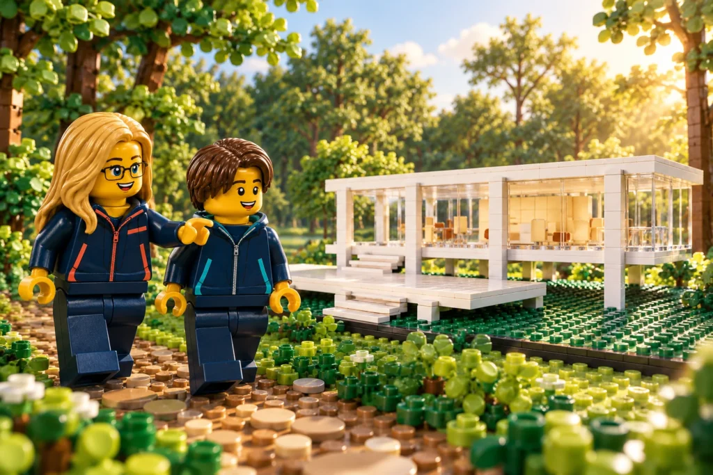 Une adulte et un adolescent découvrent un pavillon imaginaire blanc et transparent, surélevé dans une clairière en briques.