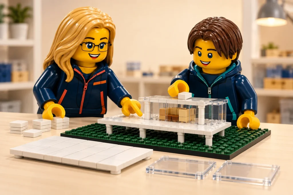 Une adulte et un adolescent assemblent un petit pavillon surélevé près d’un toit blanc séparé et de panneaux transparents.