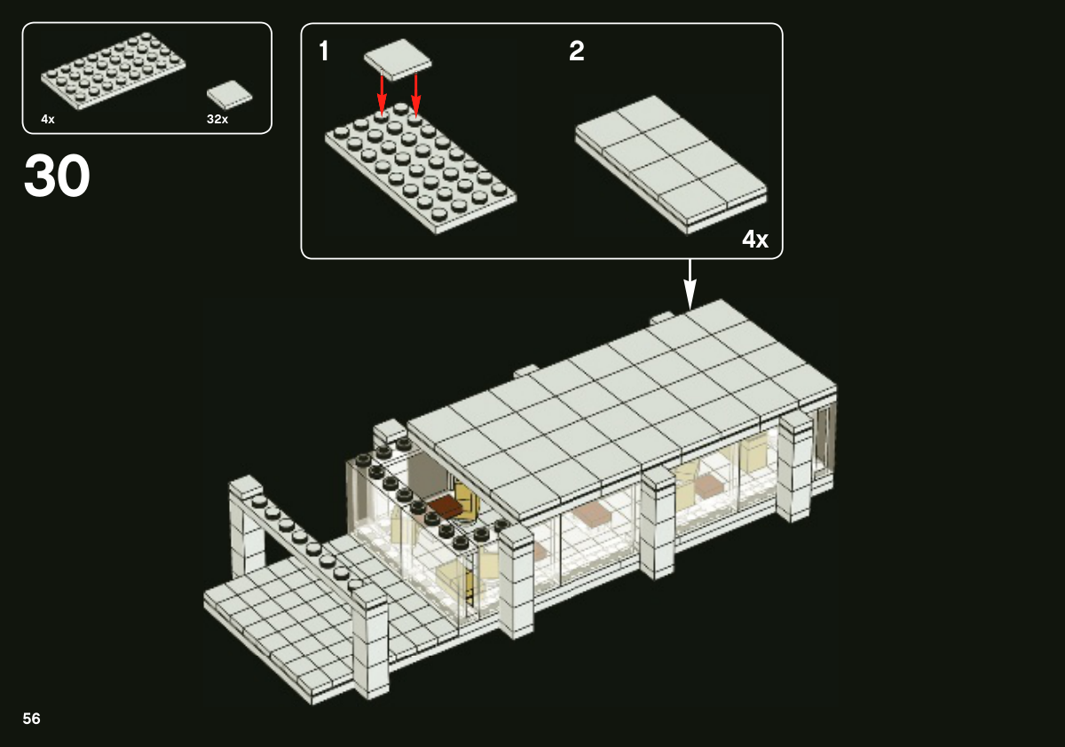 Notice Farnsworth House 4654776 page 56, quatre modules blancs lisses se posent au-dessus des vitrages.