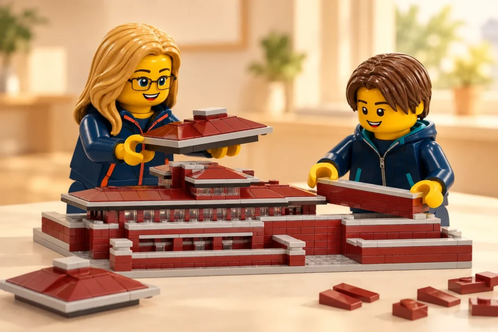 Une adulte et un adolescent imaginent une petite maison basse avec des terrasses et des toits rouge foncé préparés séparément.
