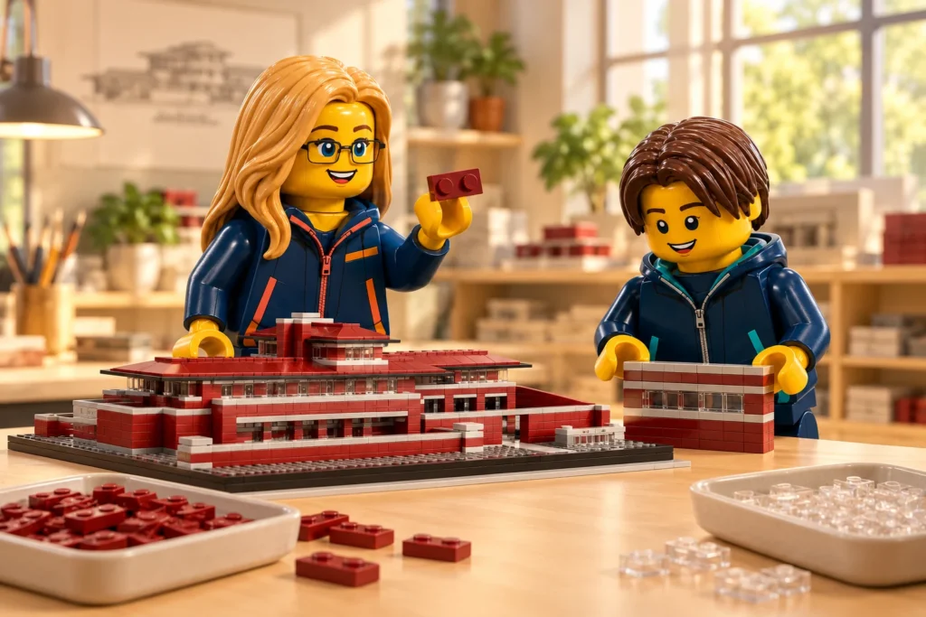 Une adulte présente une petite plate rouge foncé à deux tenons pendant qu’un adolescent examine un mur miniature à bande vitrée.