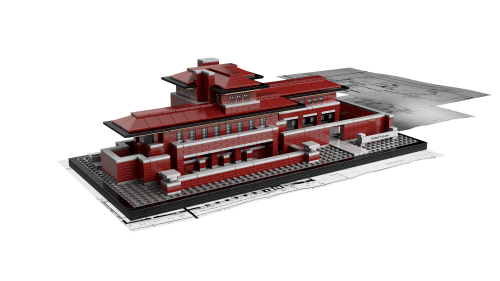 Maquette LEGO Robie House 21010, maison allongée rouge foncé à toits bas et larges débords gris, avec terrasses sur un socle rectangulaire.