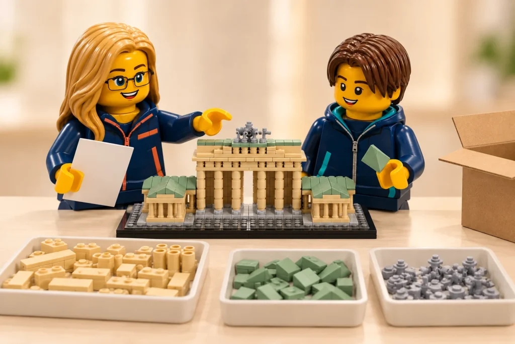Une adulte et un adolescent préparent le tri de colonnes beiges, petites pentes vert sable et éléments gris près d’une maquette de porte.