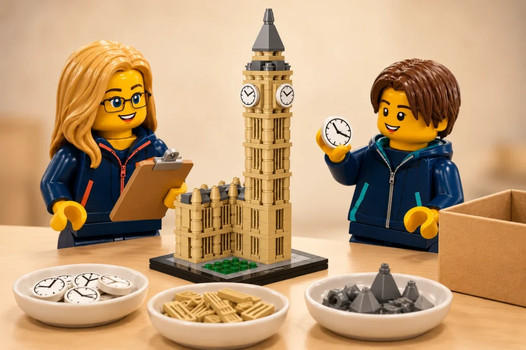 Une adulte et un adolescent préparent l’examen d’une tour d’horloge miniature, avec cadrans, grilles beiges et pièces grises séparés.