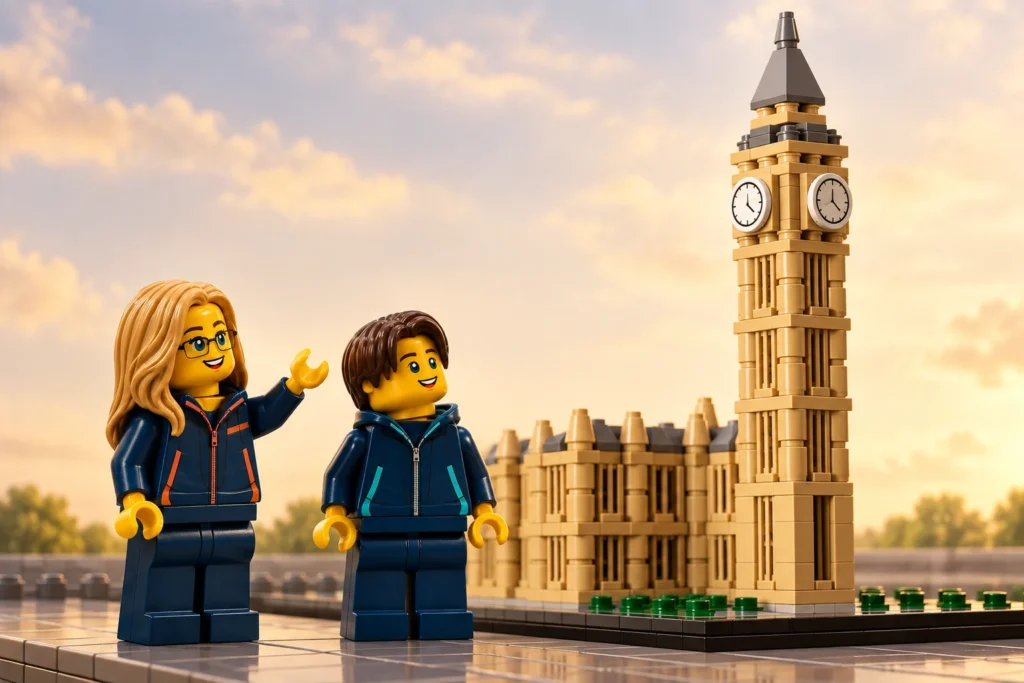 Une adulte et un adolescent regardent une tour d’horloge imaginaire beige à toit gris pointu et son bâtiment bas, dans une ville en briques.