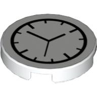 Tuile ronde blanche 2 × 2 imprimée d’un cadran noir et d’aiguilles, LEGO 4507355.
