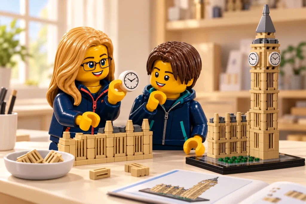 Une adulte et un adolescent examinent un cadran rond miniature près d’une tour beige et de pièces de façade triées.