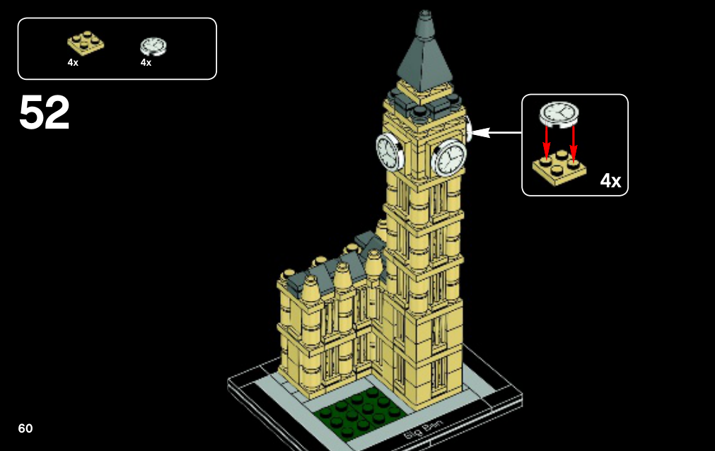 Notice Big Ben 6115609 page 60, quatre cadrans blancs imprimés et leurs supports se placent autour de la tour.