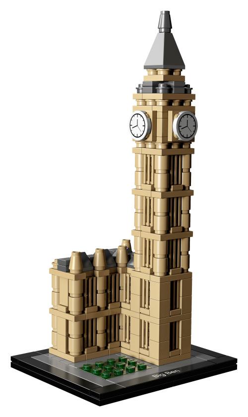 LEGO Big Ben 21013, tour beige à cadrans blancs et toit pointu gris foncé, bâtiment bas attenant et petite pelouse sur socle noir.