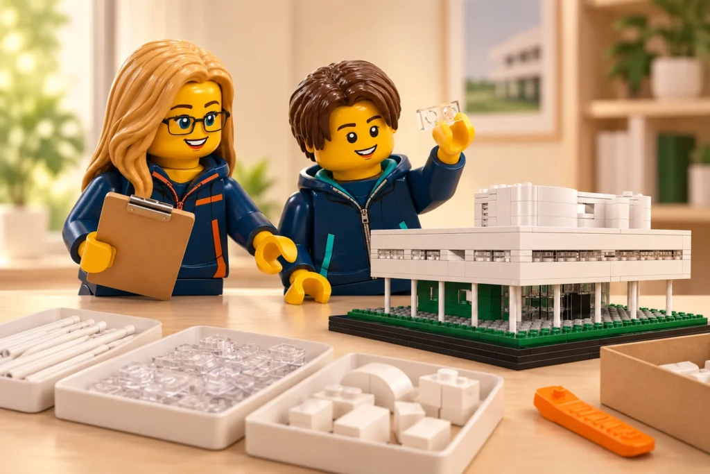 Une adulte et un adolescent trient des barres blanches, des pièces transparentes et des courbes près d’une villa miniature.