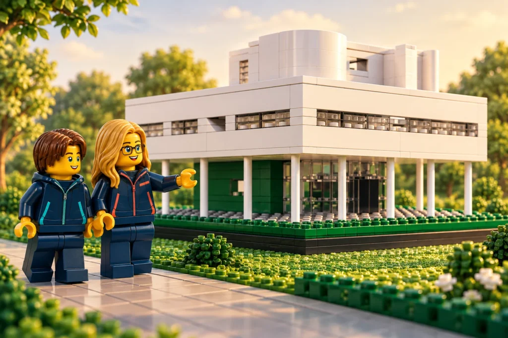 Une adulte et un adolescent observent une villa imaginaire blanche sur de fins pilotis au milieu d’un jardin en briques.