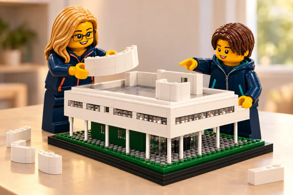 Une adulte et un adolescent composent un toit-terrasse imaginaire avec un écran blanc courbe sur une petite villa.