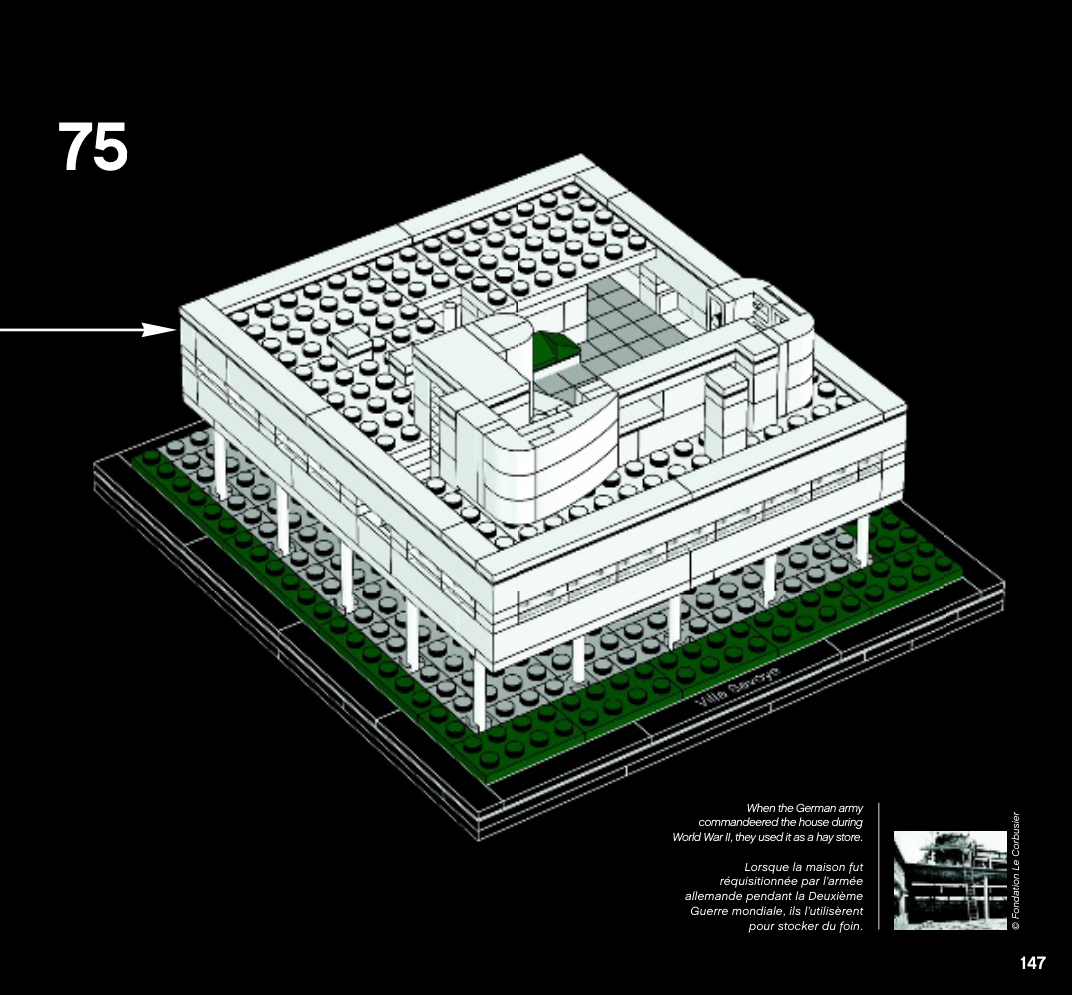Notice Villa Savoye 6039473 page 147, toit-terrasse ouvert, écran blanc courbe, bandeau vitré et fins pilotis.