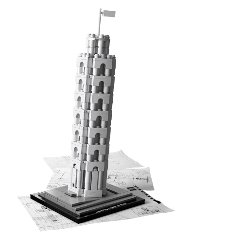LEGO tour de Pise 21015, tour blanche inclinée à arcades répétées, petit niveau sommital et drapeau blanc sur un socle sombre.