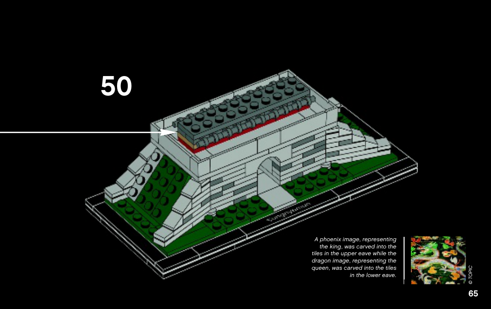 Notice Sungnyemun 6024677 page 65, étape 50, module bordé de poignées grises posé au-dessus du passage voûté et d’une bande rouge foncé.