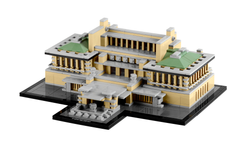 LEGO Imperial Hotel 21017, entrée avancée et corps central beige entre deux ailes à toits vert sable, avec vitrages fumés et corniches grises.