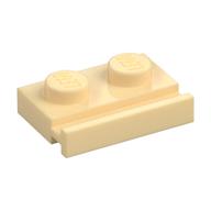 Plate beige 1 × 2 portant un rail saillant le long d’un côté, référence Rebrickable 32028.