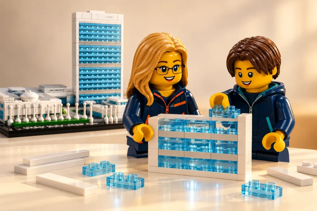Une adulte et un adolescent composent un panneau vitré blanc et bleu dans une scène de construction imaginaire.