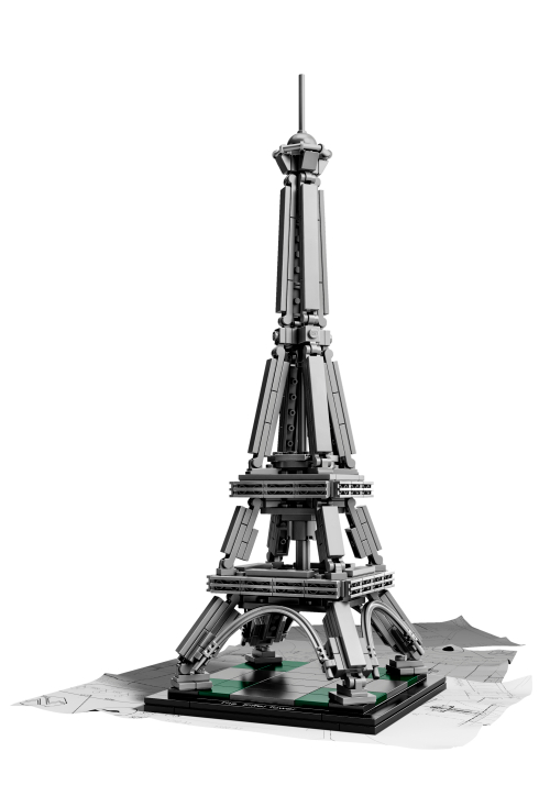 LEGO tour Eiffel Architecture 21019, quatre pieds inclinés, grandes arches argentées, plates-formes ajourées et pointe fine sur un socle carré.