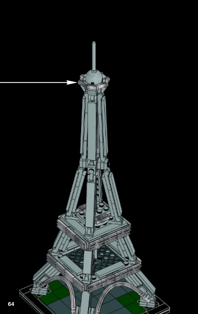 Notice tour Eiffel 6089600 page 64, ajout du sommet avec cadre octogonal, dôme et antenne sur la tour aux grandes arches courbes.
