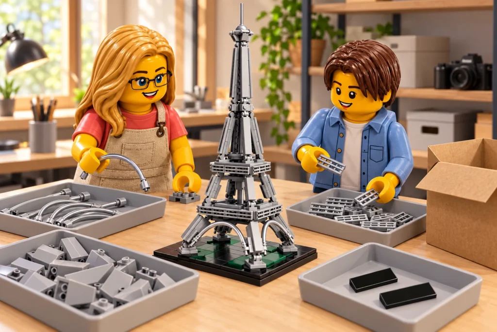 Une adulte et un adolescent trient des pièces près d’une maquette de tour Eiffel dans une scène imaginaire de préparation du don.