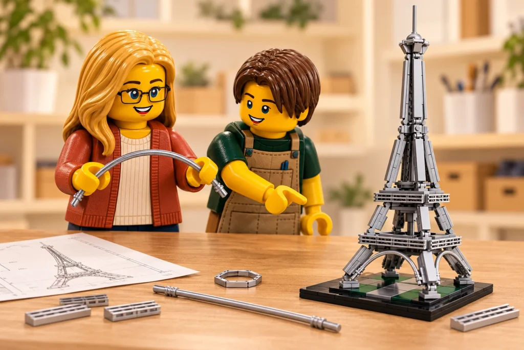 Une adulte courbe un axe argenté sous le regard d’un adolescent, près d’une maquette de tour Eiffel dans un atelier imaginaire.