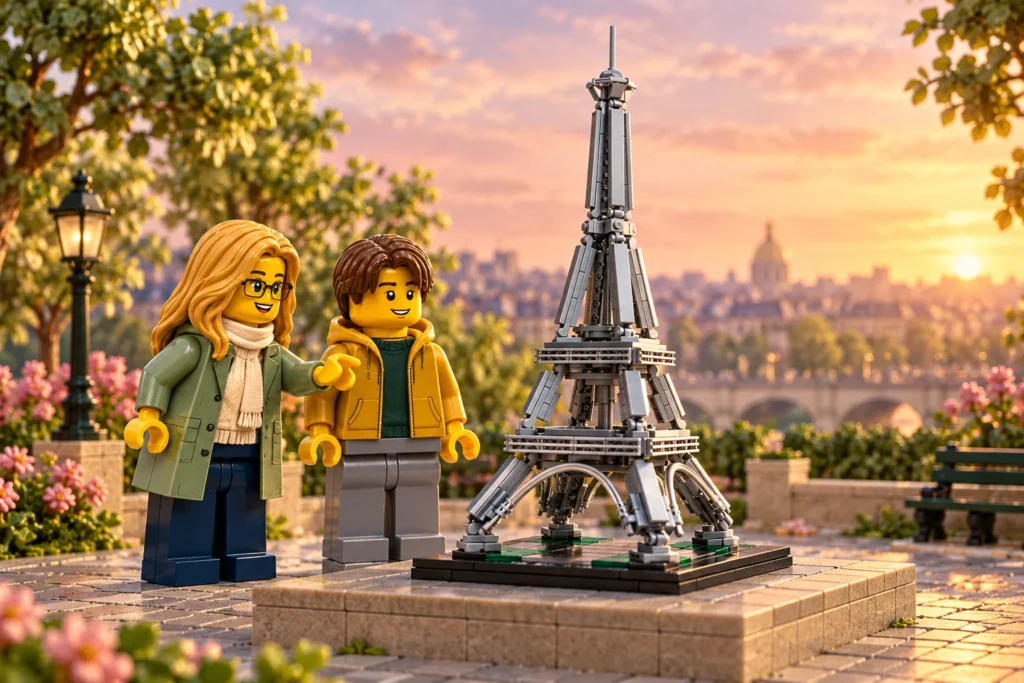 Une adulte et un adolescent découvrent une tour Eiffel imaginaire en briques dans un décor parisien.