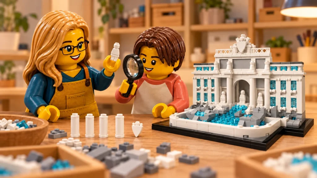 Une adulte tient une petite statue blanche tandis qu’un adolescent l’observe à la loupe, près d’une maquette de Trevi dans un atelier imaginaire.