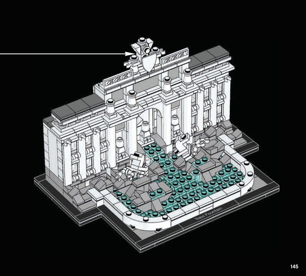 Notice Trevi 6106454 page 145, ajout final du couronnement à bouclier blanc au-dessus de la façade, des sculptures et du bassin.