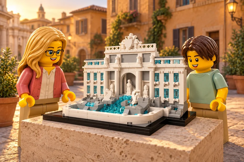 Une adulte et un adolescent découvrent une fontaine de Trevi imaginaire en briques, avec une façade claire et un bassin dans un décor romain.