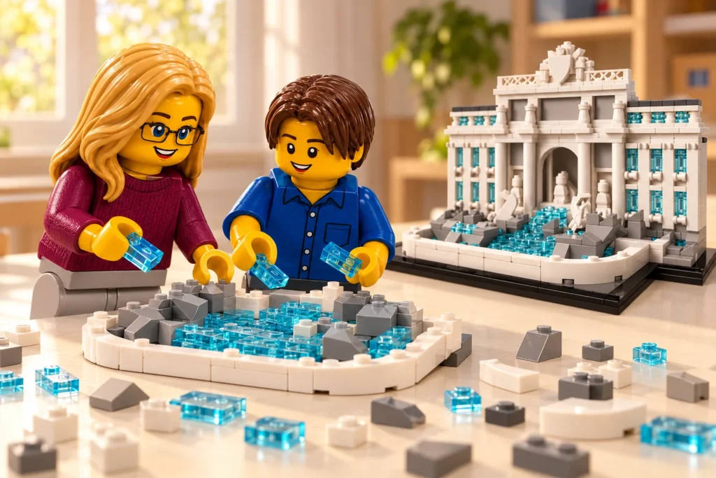 Une adulte et un adolescent assemblent un bassin arrondi avec des pièces transparentes bleues et des rochers gris, près d’une maquette de Trevi dans une scène imaginaire.