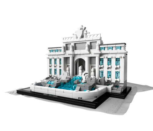 LEGO fontaine de Trevi Architecture 21020, façade blanche à quatre grandes colonnes, trois statues dans les niches, rochers gris et bassin transparent sur un socle noir.