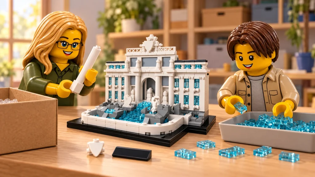 Une adulte examine un pilier blanc pendant qu’un adolescent trie des pièces transparentes, près d’une maquette de Trevi dans une scène imaginaire de préparation du don.