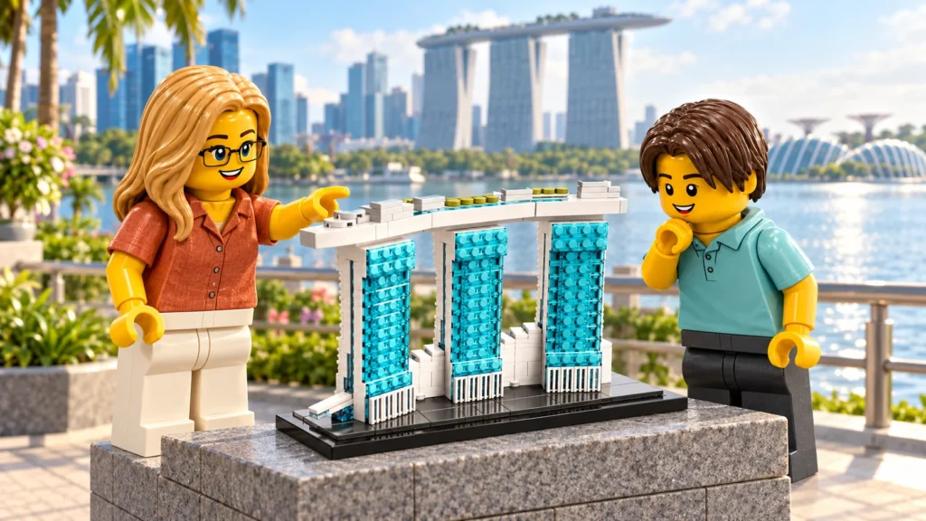 Une adulte et un adolescent découvrent trois tours reliées par un long jardin en hauteur dans une scène de Singapour imaginaire en briques.