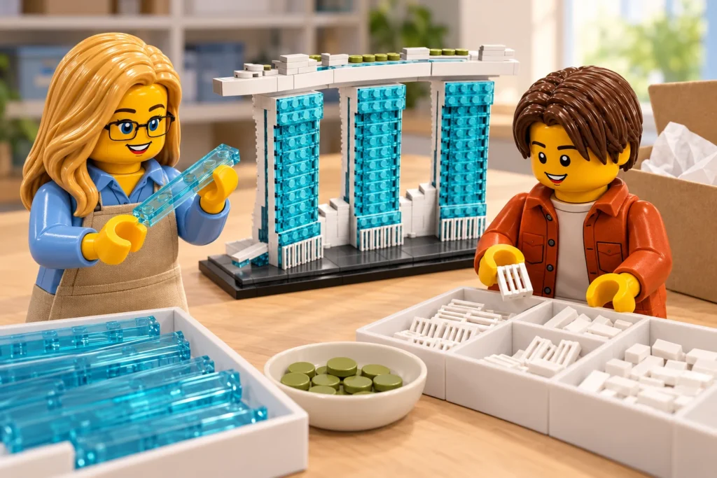 Une adulte examine une longue pièce bleu transparent tandis qu’un adolescent trie des grilles blanches, près d’une maquette de Marina Bay Sands, dans une scène imaginaire de préparation du don.