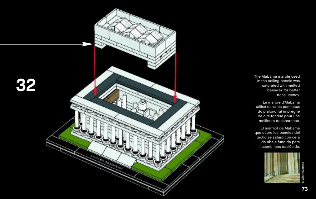 Notice Lincoln Memorial 6112562 page 73, étape 32 : module de toit blanc à trois motifs transparents au-dessus de l’ouverture et de la petite statue.