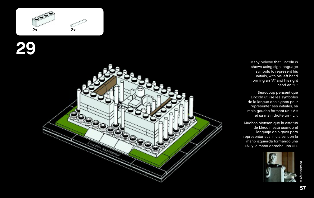 Notice Lincoln Memorial 6112562 page 57, étape 29 : bâtiment encore ouvert avec statue centrale, ajout de deux barres et de deux briques blanches.