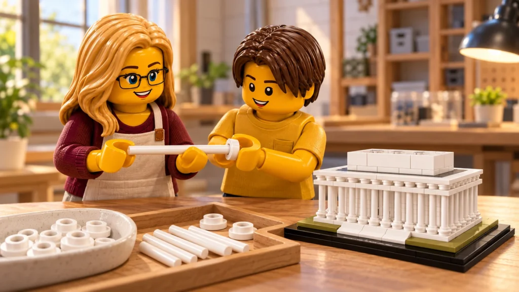Une adulte tient une tige blanche tandis qu’un adolescent y présente un petit élément rond ouvert, près d’une maquette du Lincoln Memorial, dans un atelier imaginaire.