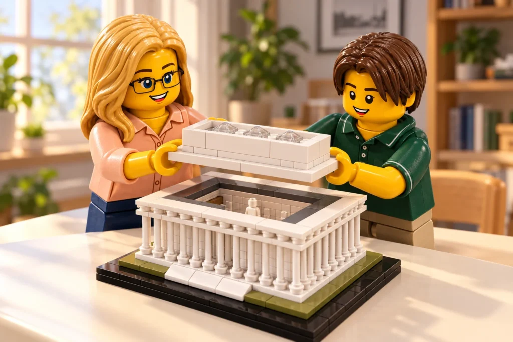 Une adulte et un adolescent soulèvent ensemble le toit central d’une maquette du Lincoln Memorial pour découvrir sa petite statue, dans une scène imaginaire.