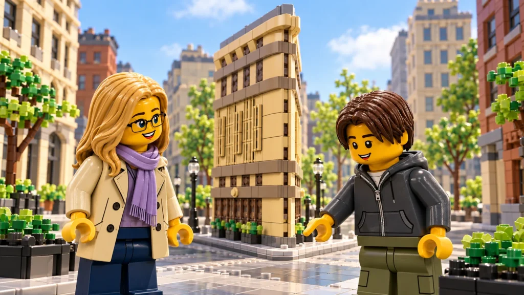 Une adulte et un adolescent découvrent un immeuble triangulaire beige inspiré du Flatiron dans une scène de New York imaginaire en briques.