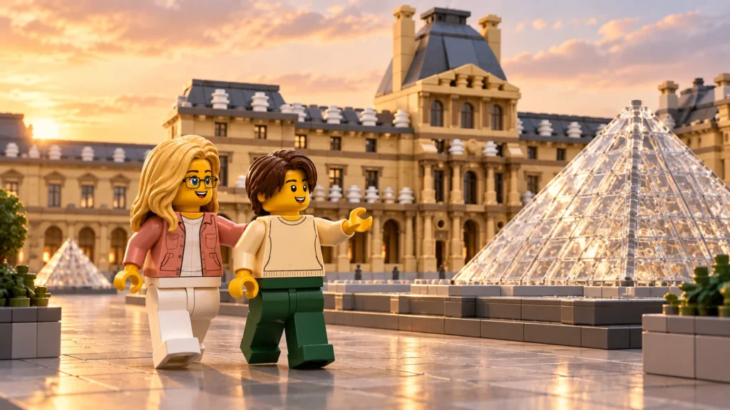 Une adulte et un adolescent marchent dans une cour parisienne imaginaire en briques, l’adolescent montrant de la main la pyramide transparente devant le palais.